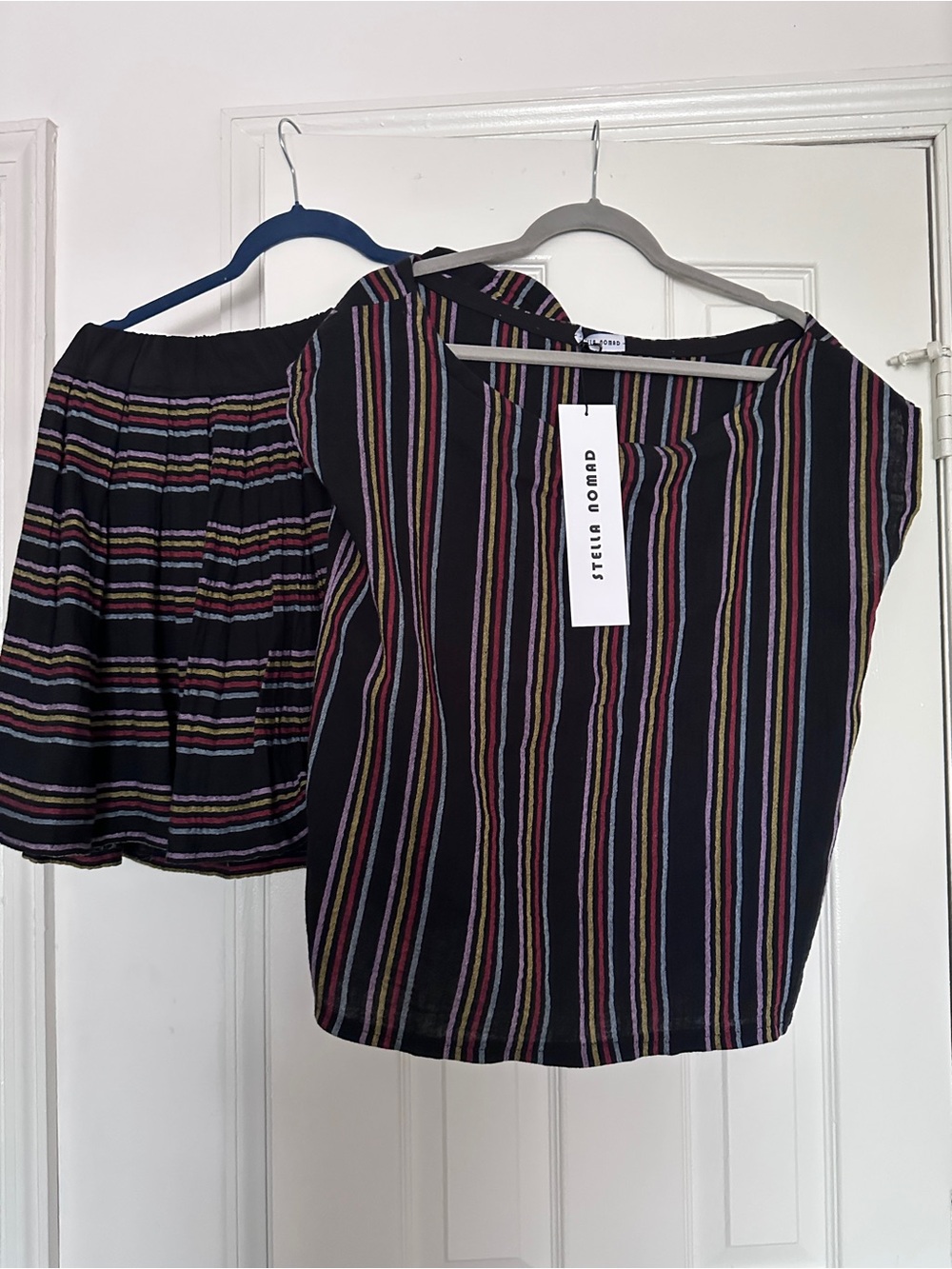 Stella Nomad Black Multicolor Striped Top and Skirt Set